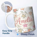 Personalized Custom Name Cute Sea Turtle and Starfish Light Grey Ocean Seamless Pattern 11oz Ceramic Coffee Tea Mug White Large Handle