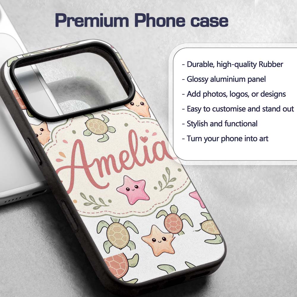 Cute Sea Turtle and Starfish Light Grey Ocean Custom Name Protective Phone Case Mobile Cover Durable Everyday Smartphone Shock Resistant