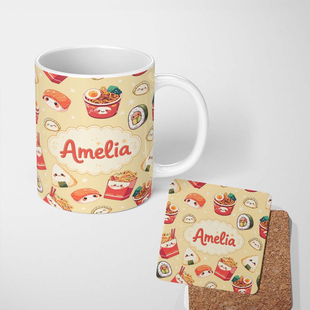 Personalized Custom Name Cute Kawaii Sushi Ramen Dumpling Food Yellow Background Seamless 11oz Ceramic Coffee Tea Mug White Large Handle