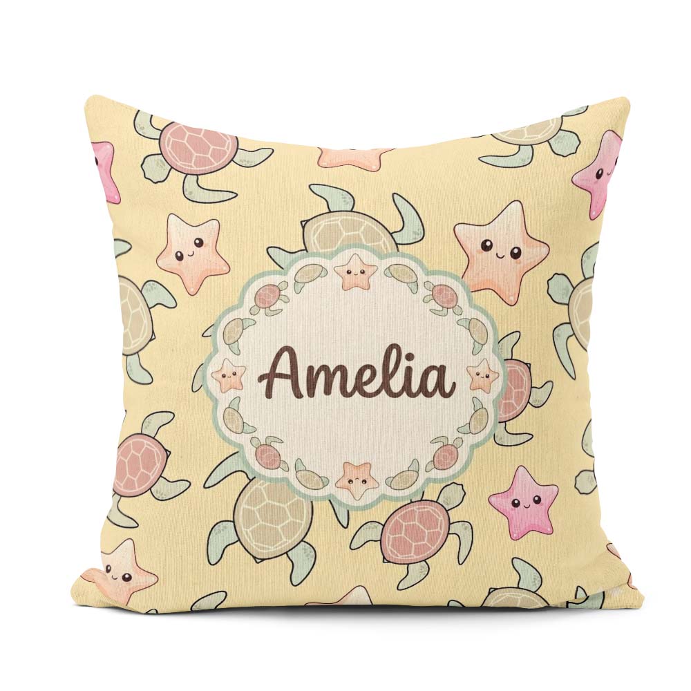 Custom Name Cute Sea and Starfish Sandy Beige Ocean Pattern Name Square Filled Cushion Throw Pillow Sofa Bed Home Decor Zip Washable UK Made