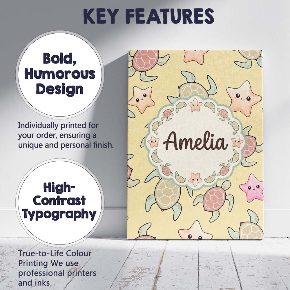 Personalised Name Cute Sea Turtle and Custom Modern Room Accent Creative Decorator Style Canvas Wall Art Print Decor Picture Ready to Hang