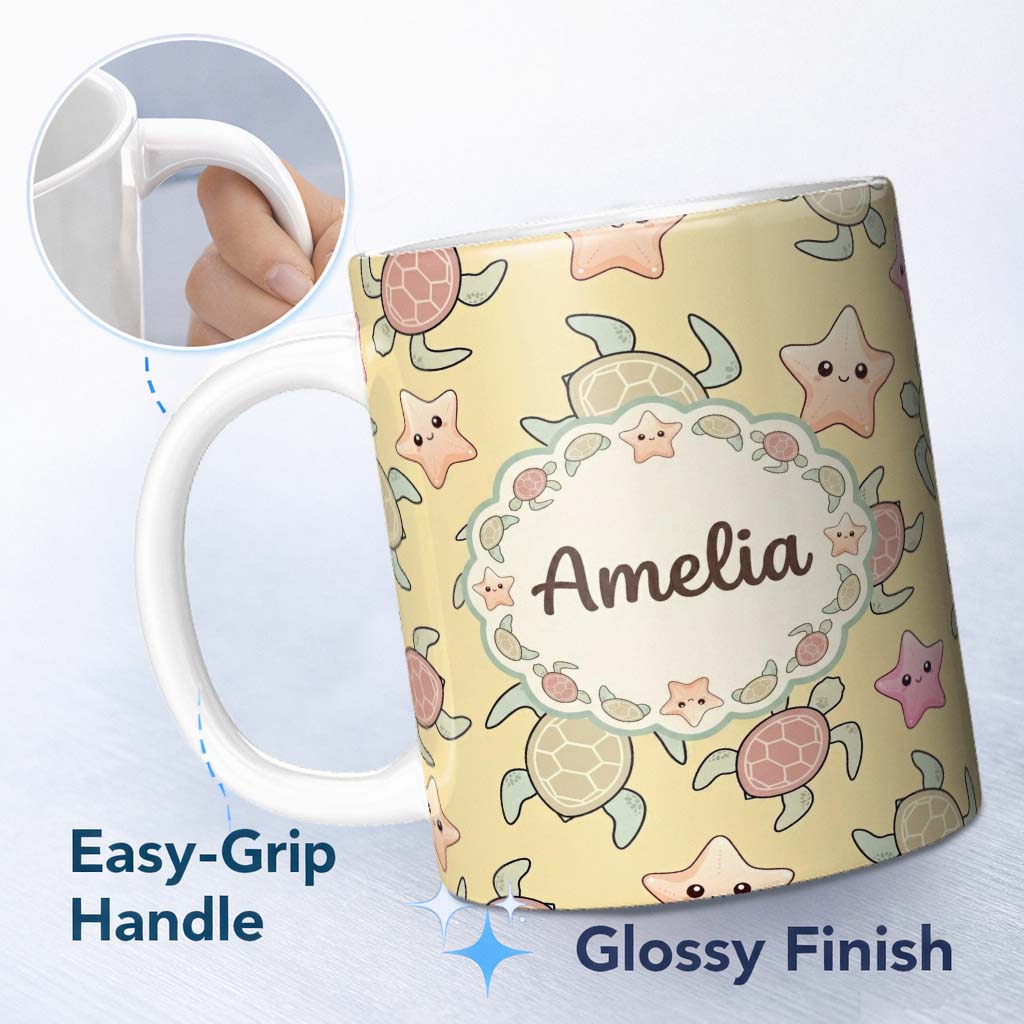 Personalized Custom Name Cute Sea Turtle and Starfish Sandy Beige Ocean Seamless Pattern Name 11oz Ceramic Coffee Tea Mug White Large Handle
