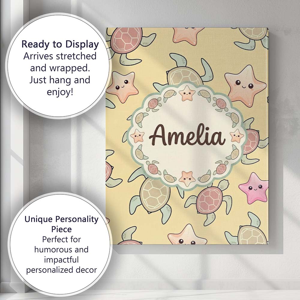 Personalised Name Cute Sea Turtle and Custom Modern Room Accent Creative Decorator Style Canvas Wall Art Print Decor Picture Ready to Hang