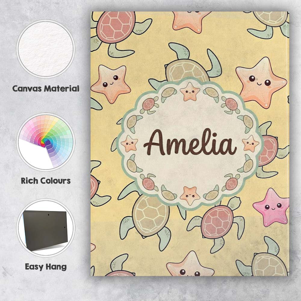 Personalised Name Cute Sea Turtle and Custom Modern Room Accent Creative Decorator Style Canvas Wall Art Print Decor Picture Ready to Hang