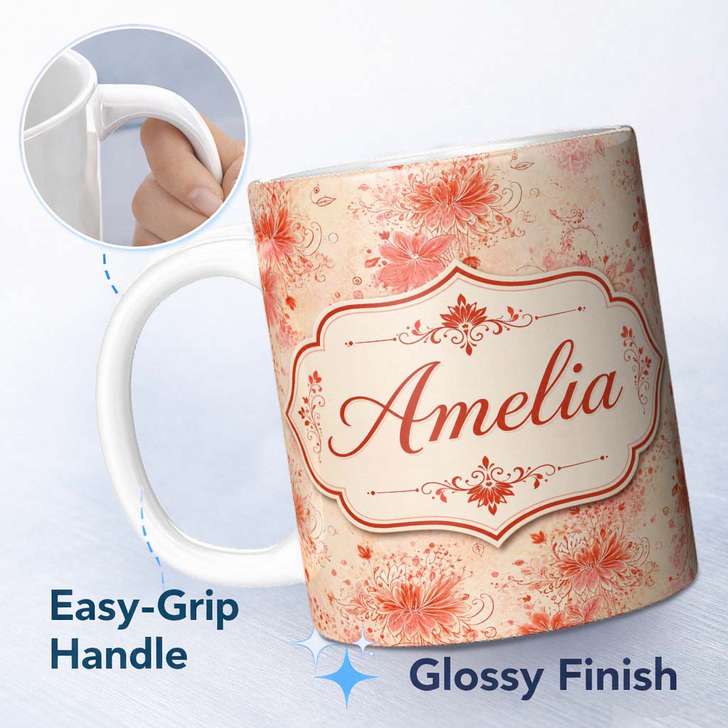 Personalized Custom Name Soft Red Floral Watercolour Blossom Seamless Pattern Lovely 11oz Ceramic Coffee Tea Mug White Large Handle