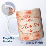Personalized Custom Name Soft Red Floral Watercolour Blossom Seamless Pattern Lovely 11oz Ceramic Coffee Tea Mug White Large Handle