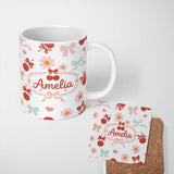 Personalized Custom Name Cute Cherry Bow Daisy Heart Seamless Pattern on Pale Blush Pink 11oz Ceramic Coffee Tea Mug White Large Handle