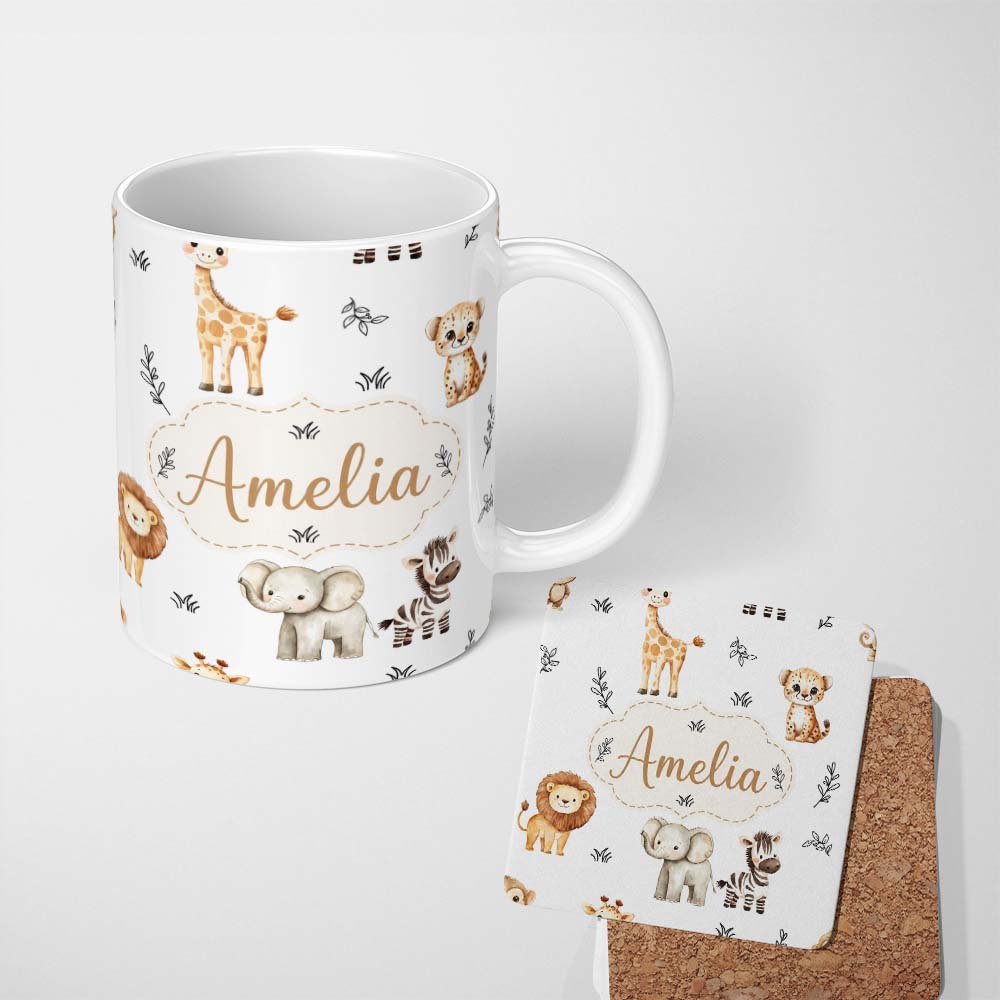 Personalized Custom Name Safari Animals with Elephant Lion and Leopard on Light Grey Lovely 11oz Ceramic Coffee Tea Mug White Large Handle