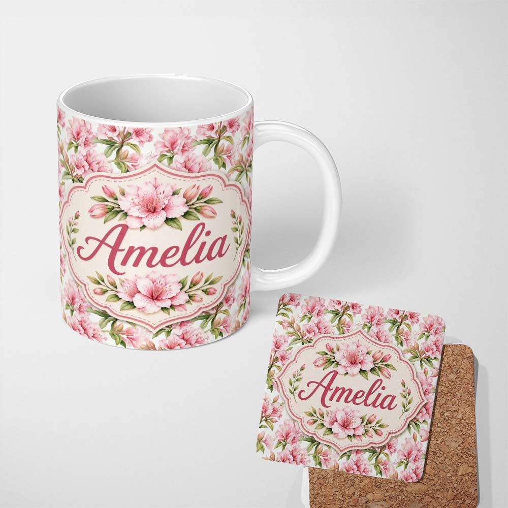 Personalized Custom Name Delicate Pink Lily Flowers on White Background Seamless Pattern 11oz Ceramic Coffee Tea Mug White Large Handle