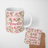 Personalized Custom Name Delicate Pink Lily Flowers on White Background Seamless Pattern 11oz Ceramic Coffee Tea Mug White Large Handle