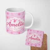 Personalized Custom Name Minimal Pink Reindeer Snowflake Stocking Seamless Pattern Lovely 11oz Ceramic Coffee Tea Mug White Large Handle
