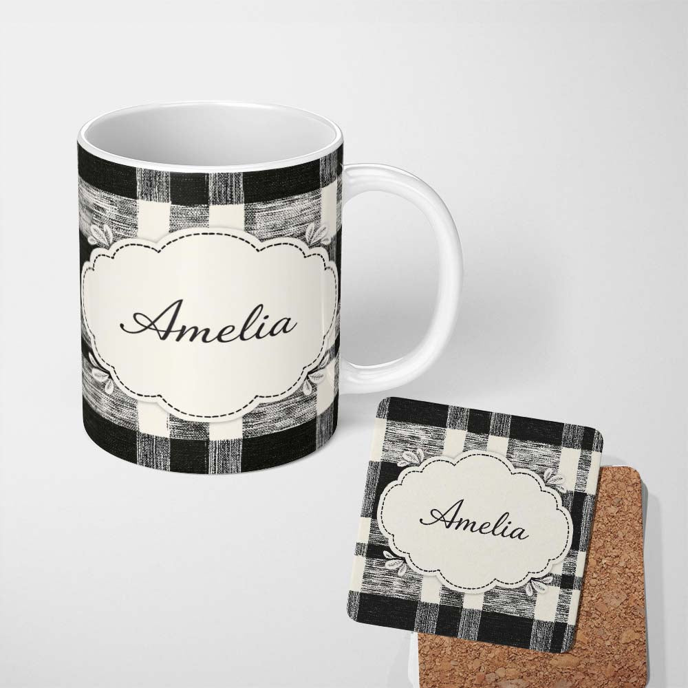 Personalized Custom Name Textured Brush Check Black Cream Abstract Grid Pattern Lovely 11oz Ceramic Coffee Tea Mug White Large Handle