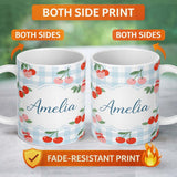 Personalized Custom Name Cherry Fruit Green Gingham Picnic Check Seamless Pattern Lovely 11oz Ceramic Coffee Tea Mug White Large Handle