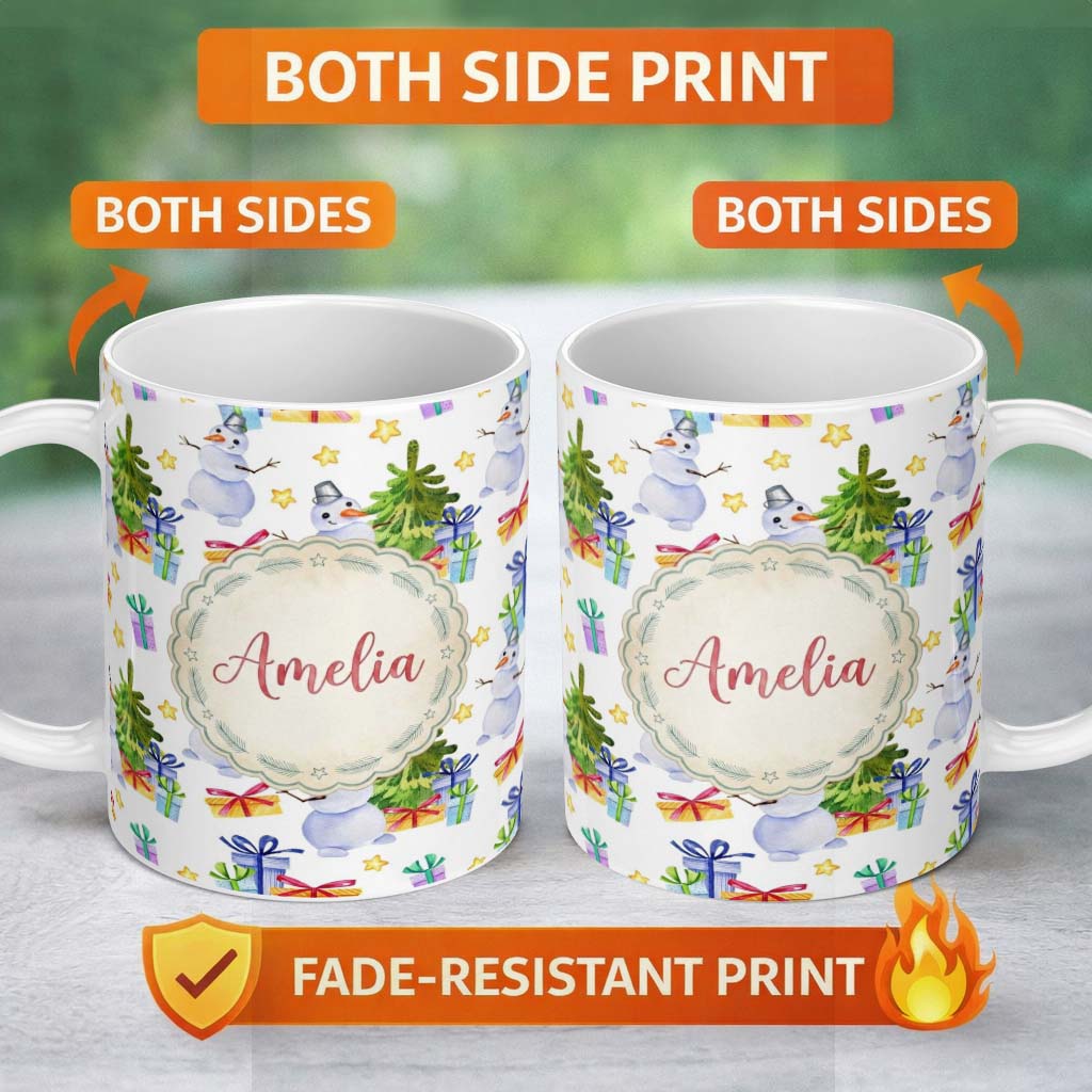 Personalized Custom Name Cute Watercolor Snowman Christmas Tree Gifts Stars Seamless Pattern 11oz Ceramic Coffee Tea Mug White Large Handle