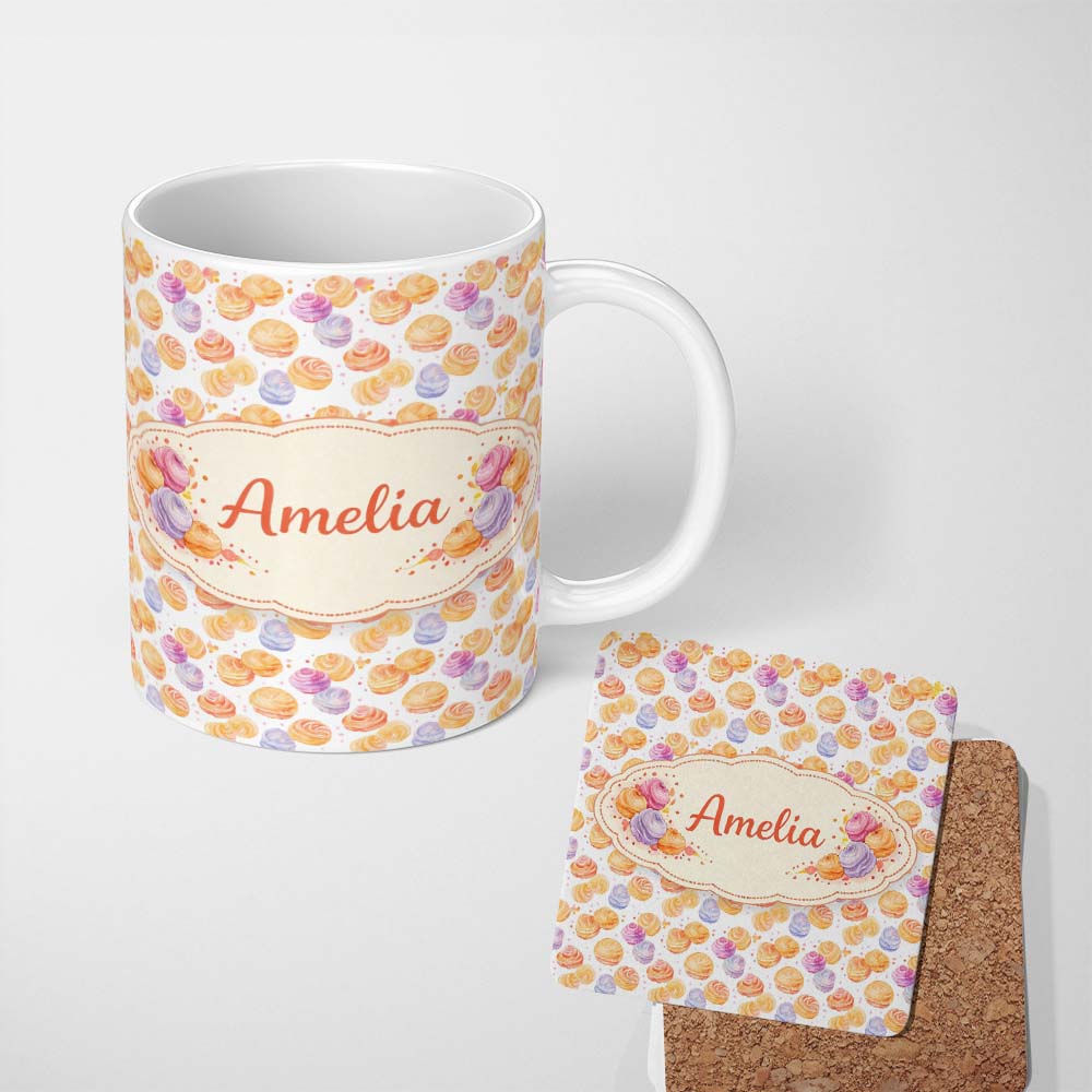 Personalized Custom Name Pastel Cream Swirl Meringue Dessert Seamless Pattern Lovely 11oz Ceramic Coffee Tea Mug White Large Handle