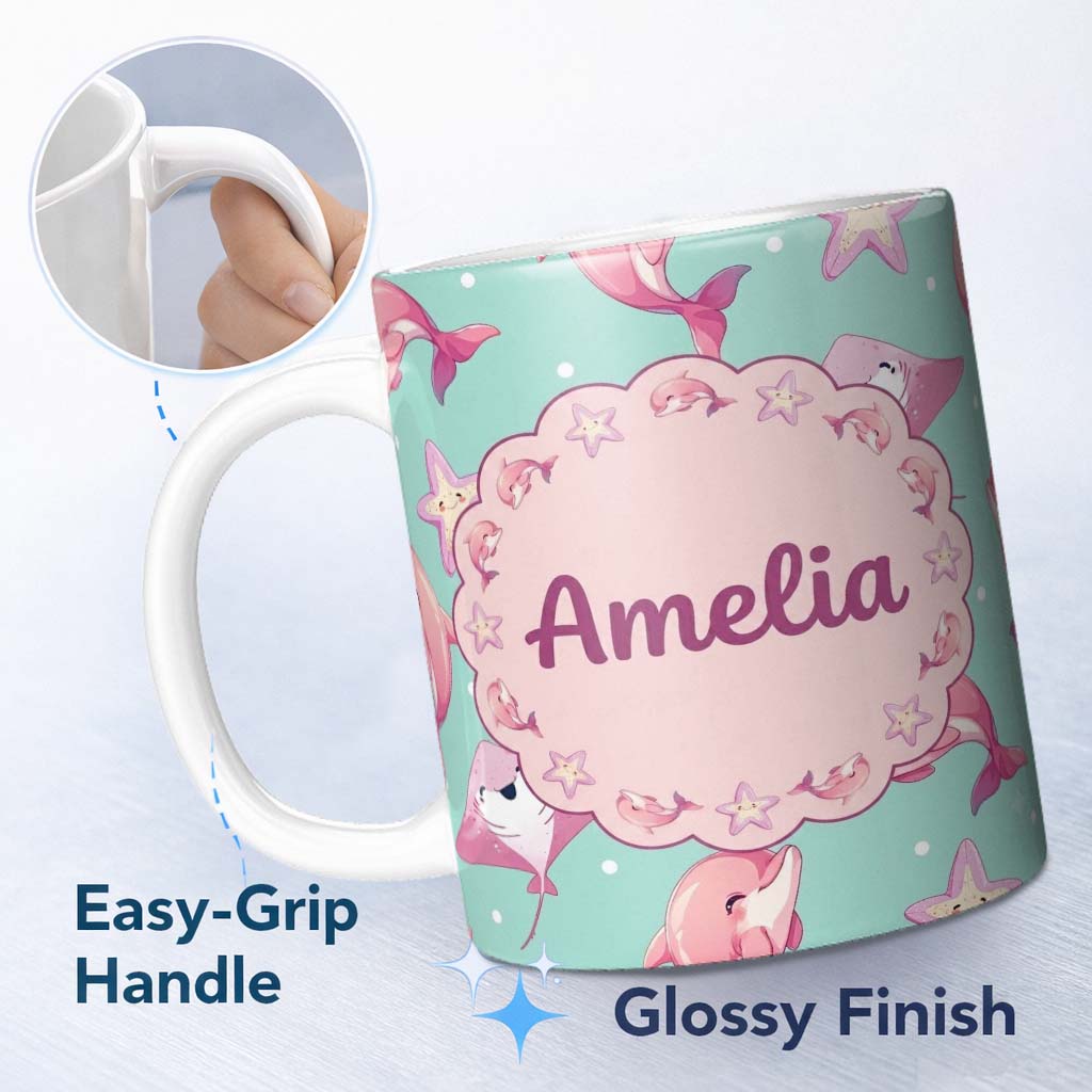 Personalized Custom Name Pink Dolphin Stingray Starfish Ocean Creatures Mint Green Polka Dot 11oz Ceramic Coffee Tea Mug White Large Handle