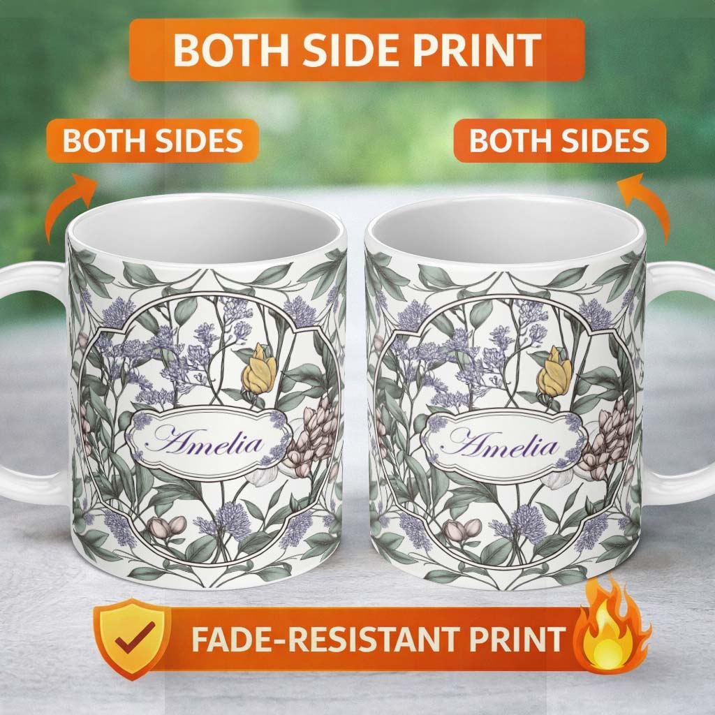 Personalized Custom Name Elegant Vintage Botanical Floral Neutral Background Seamless Pattern 11oz Ceramic Coffee Tea Mug White Large Handle