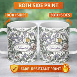 Personalized Custom Name Elegant Vintage Botanical Floral Neutral Background Seamless Pattern 11oz Ceramic Coffee Tea Mug White Large Handle