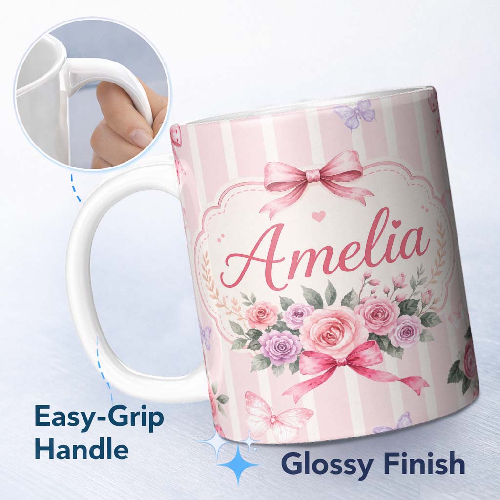 Personalized Custom Name Elegant Watercolor Rose Bouquet Ribbon Butterfly Blush Stripe Lovely 11oz Ceramic Coffee Tea Mug White Large Handle