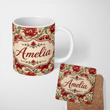 Personalized Custom Name Watercolor Red Botanical Leaves Seamless Pattern Cute Unique Gift 11oz Ceramic Coffee Tea Mug White Large Handle