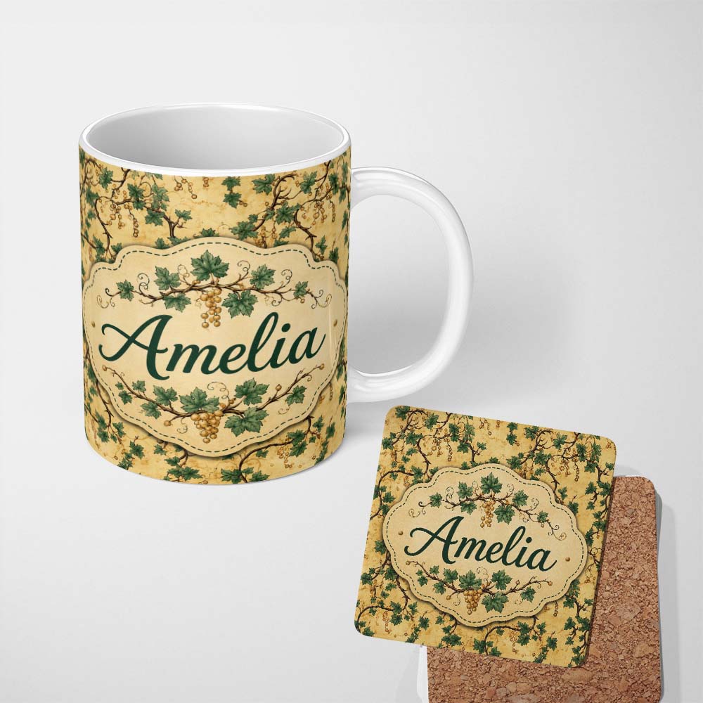 Personalized Custom Name Classic Vine Leaves and Berries Botanical Seamless Pattern Lovely 11oz Ceramic Coffee Tea Mug White Large Handle