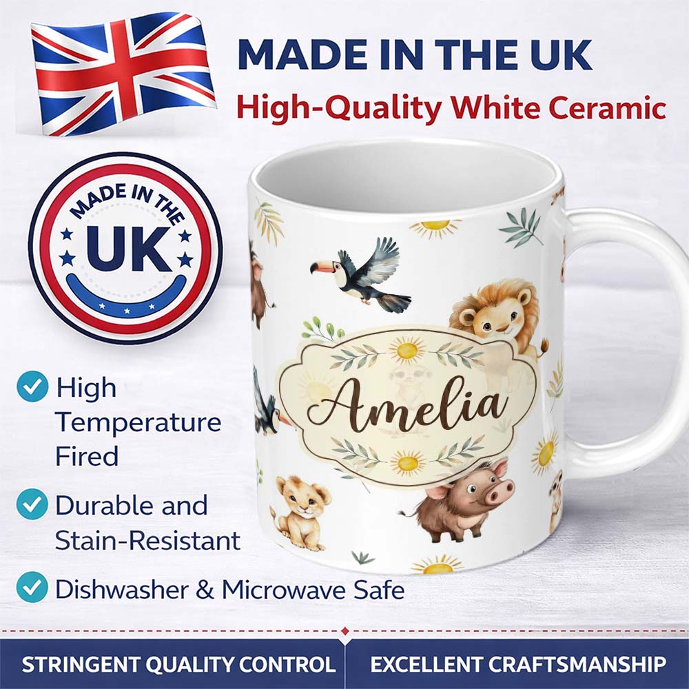 Personalized Custom Name Cute Safari Animals Lion Meerkat Toucan and Warthog with Sun and 11oz Ceramic Coffee Tea Mug White Large Handle