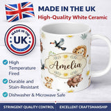 Personalized Custom Name Cute Safari Animals Lion Meerkat Toucan and Warthog with Sun and 11oz Ceramic Coffee Tea Mug White Large Handle