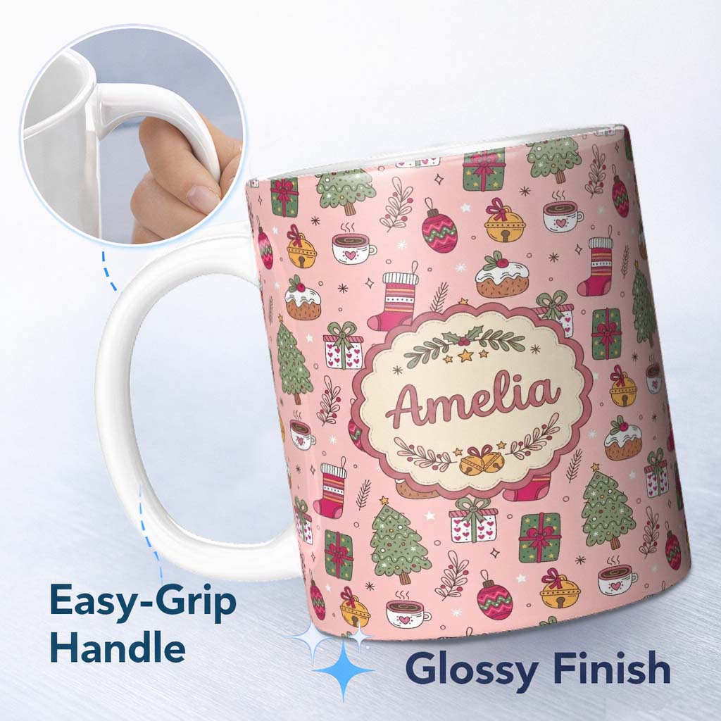 Personalized Custom Name Festive Christmas Tree Gift Coffee Cozy Seamless Pattern Lovely 11oz Ceramic Coffee Tea Mug White Large Handle