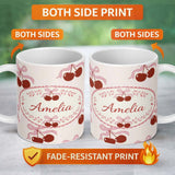Personalized Custom Name Cherry Bow Ribbon Cute Cream Neutral Background Seamless Pattern 11oz Ceramic Coffee Tea Mug White Large Handle