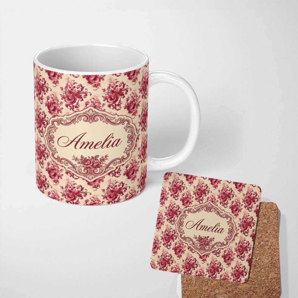 Personalized Custom Name Vintage Red Floral Bouquet Damask Seamless Pattern Cute Unique Gift 11oz Ceramic Coffee Tea Mug White Large Handle