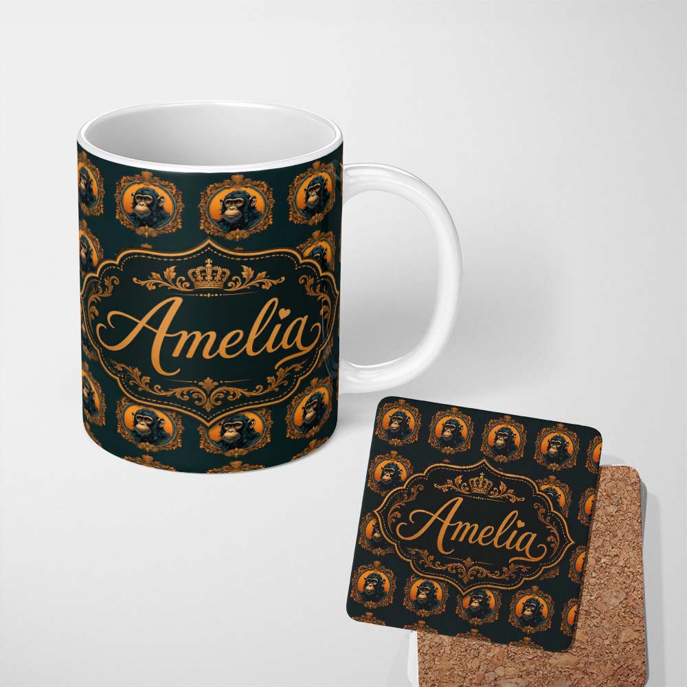 Personalized Custom Name Elegant Vintage Monkey Cameo Portrait on Deep Green Background 11oz Ceramic Coffee Tea Mug White Large Handle