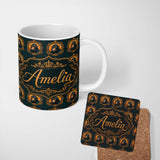 Personalized Custom Name Elegant Vintage Monkey Cameo Portrait on Deep Green Background 11oz Ceramic Coffee Tea Mug White Large Handle