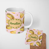 Personalized Custom Name Cute Kawaii Tacos and Wraps Seamless Pattern Soft Pink Background 11oz Ceramic Coffee Tea Mug White Large Handle