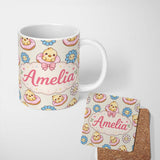 Personalized Custom Name Cute Baby Chick Donut Flowers Seamless Pattern Cream Background 11oz Ceramic Coffee Tea Mug White Large Handle