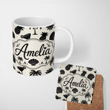 Personalized Custom Name Tropical Beach Pineapple Palm Cocktail Shell Seamless Pattern Name 11oz Ceramic Coffee Tea Mug White Large Handle