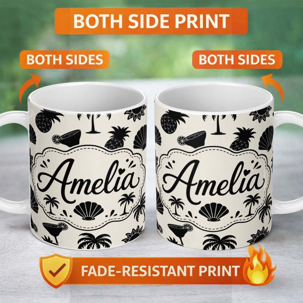 Personalized Custom Name Tropical Beach Pineapple Palm Cocktail Shell Seamless Pattern Name 11oz Ceramic Coffee Tea Mug White Large Handle