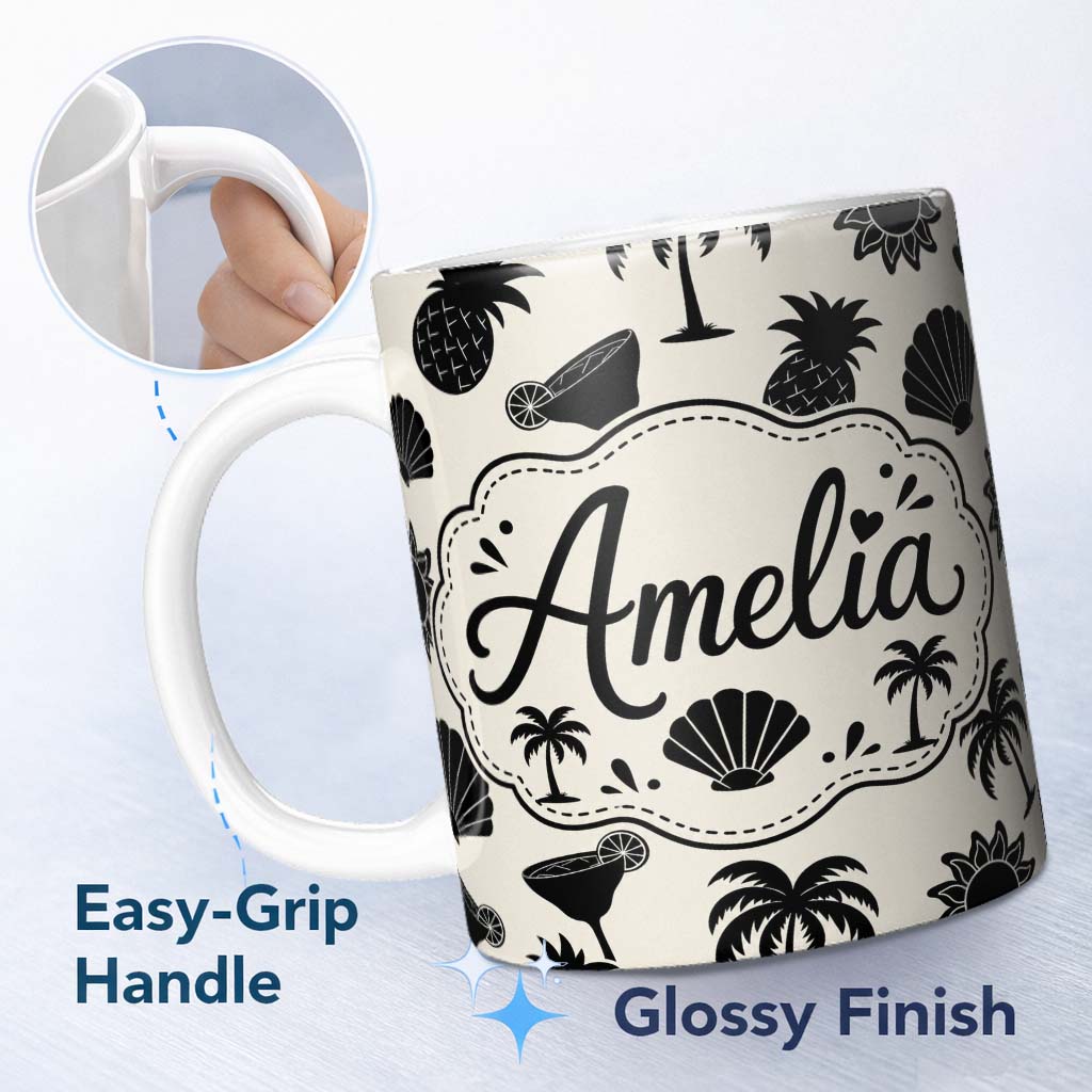 Personalized Custom Name Tropical Beach Pineapple Palm Cocktail Shell Seamless Pattern Name 11oz Ceramic Coffee Tea Mug White Large Handle