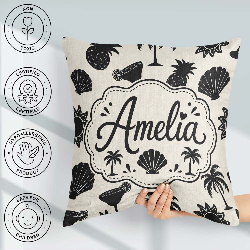 Custom Name Tropical Beach Pineapple Palm Cocktail Shell Pattern Square Filled Cushion Throw Pillow Sofa Bed Home Decor Zip Washable UK Made