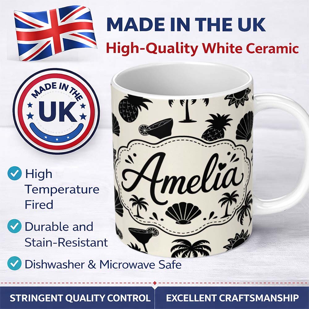 Personalized Custom Name Tropical Beach Pineapple Palm Cocktail Shell Seamless Pattern Name 11oz Ceramic Coffee Tea Mug White Large Handle