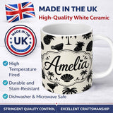 Personalized Custom Name Tropical Beach Pineapple Palm Cocktail Shell Seamless Pattern Name 11oz Ceramic Coffee Tea Mug White Large Handle