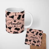 Personalized Custom Name Tropical Beach Silhouette Palm Pineapple Cocktail Shell Seamless 11oz Ceramic Coffee Tea Mug White Large Handle