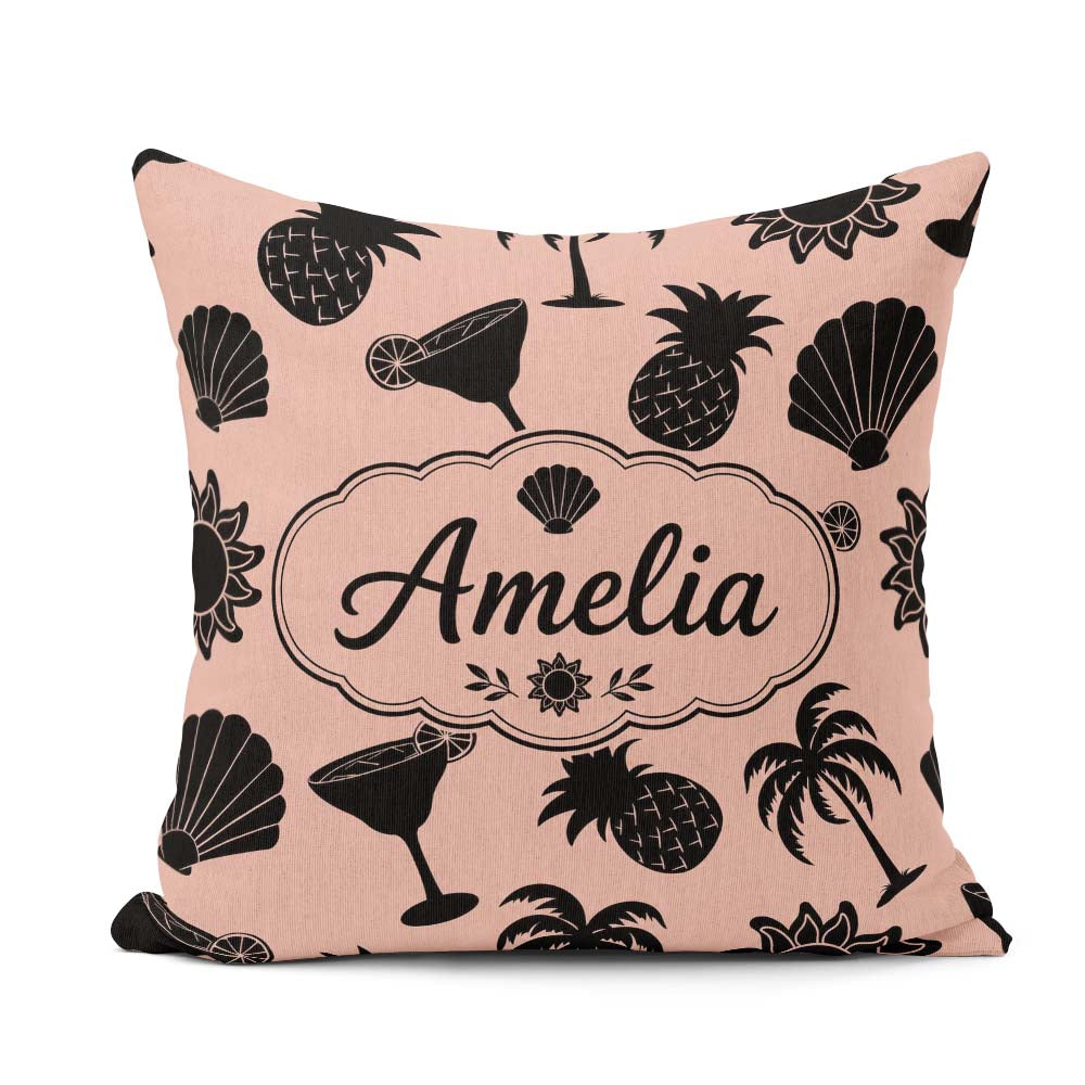 Custom Name Tropical Silhouette Palm Pineapple Cocktail Seamless Square Filled Cushion Throw Pillow Sofa Bed Home Decor Zip Washable UK Made