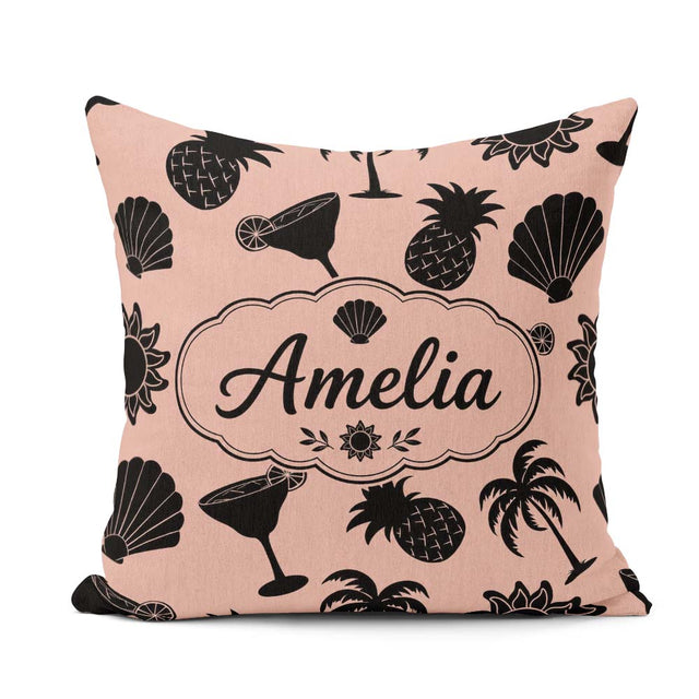 Custom Name Tropical Silhouette Palm Pineapple Cocktail Seamless Square Filled Cushion Throw Pillow Sofa Bed Home Decor Zip Washable UK Made