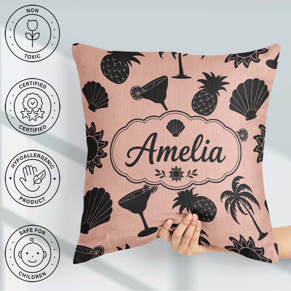 Custom Name Tropical Silhouette Palm Pineapple Cocktail Seamless Square Filled Cushion Throw Pillow Sofa Bed Home Decor Zip Washable UK Made