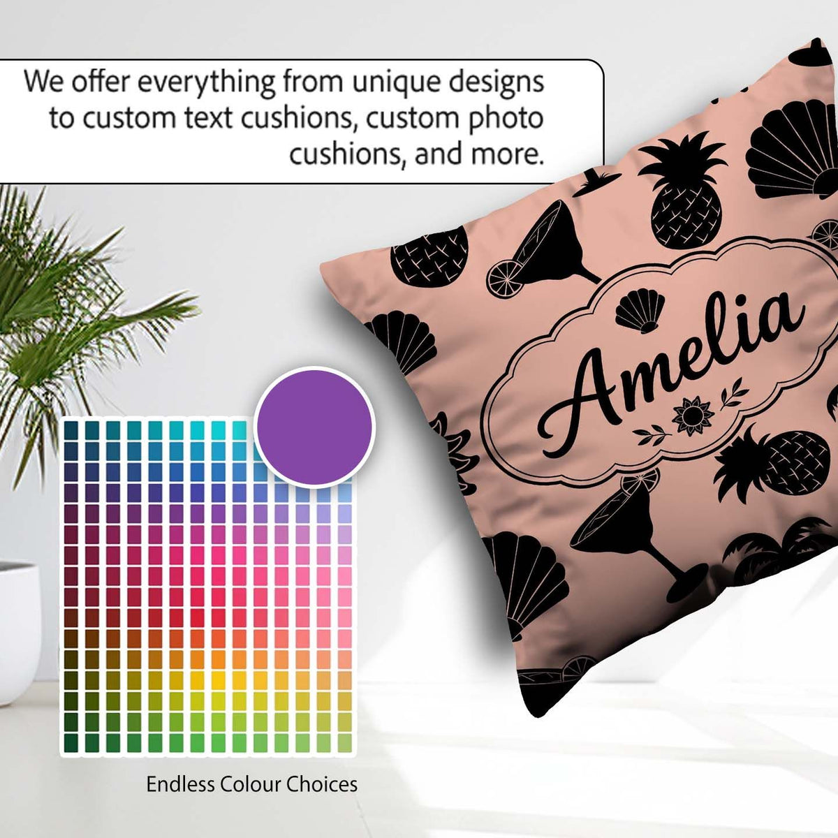 Custom Name Tropical Silhouette Palm Pineapple Cocktail Seamless Square Filled Cushion Throw Pillow Sofa Bed Home Decor Zip Washable UK Made