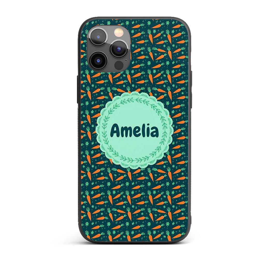 Cute Minimal Carrot and Clover Tossed Dark Teal Custom Name Protective Phone Case Mobile Cover Durable Everyday Smartphone Shock Resistant