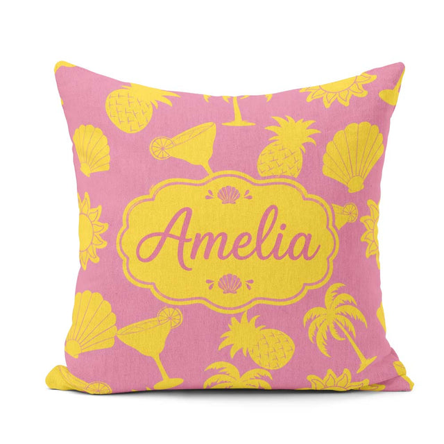 Custom Name Tropical Beach Pink Palm Pineapple Cocktail Seamless Square Filled Cushion Throw Pillow Sofa Bed Home Decor Zip Washable UK Made