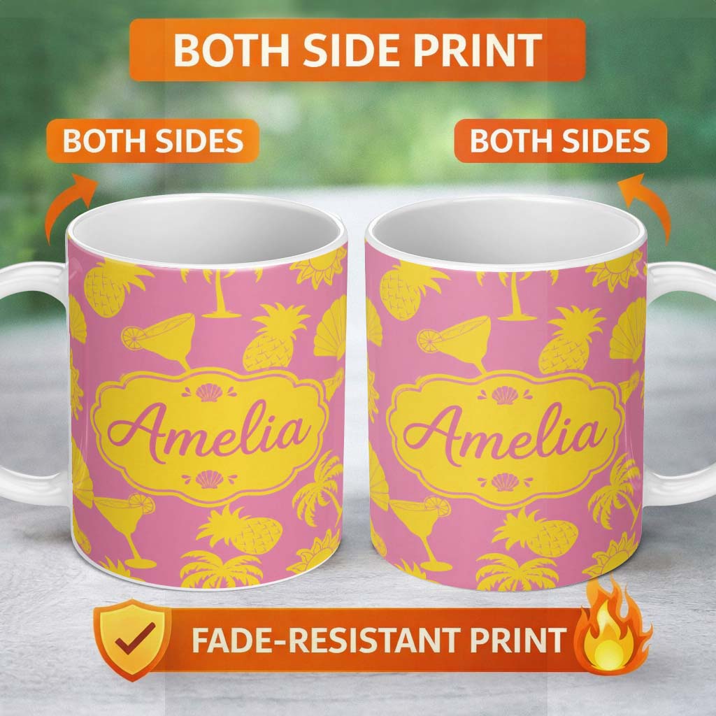 Personalized Custom Name Tropical Beach Yellow Pink Palm Pineapple Cocktail Shell Seamless 11oz Ceramic Coffee Tea Mug White Large Handle