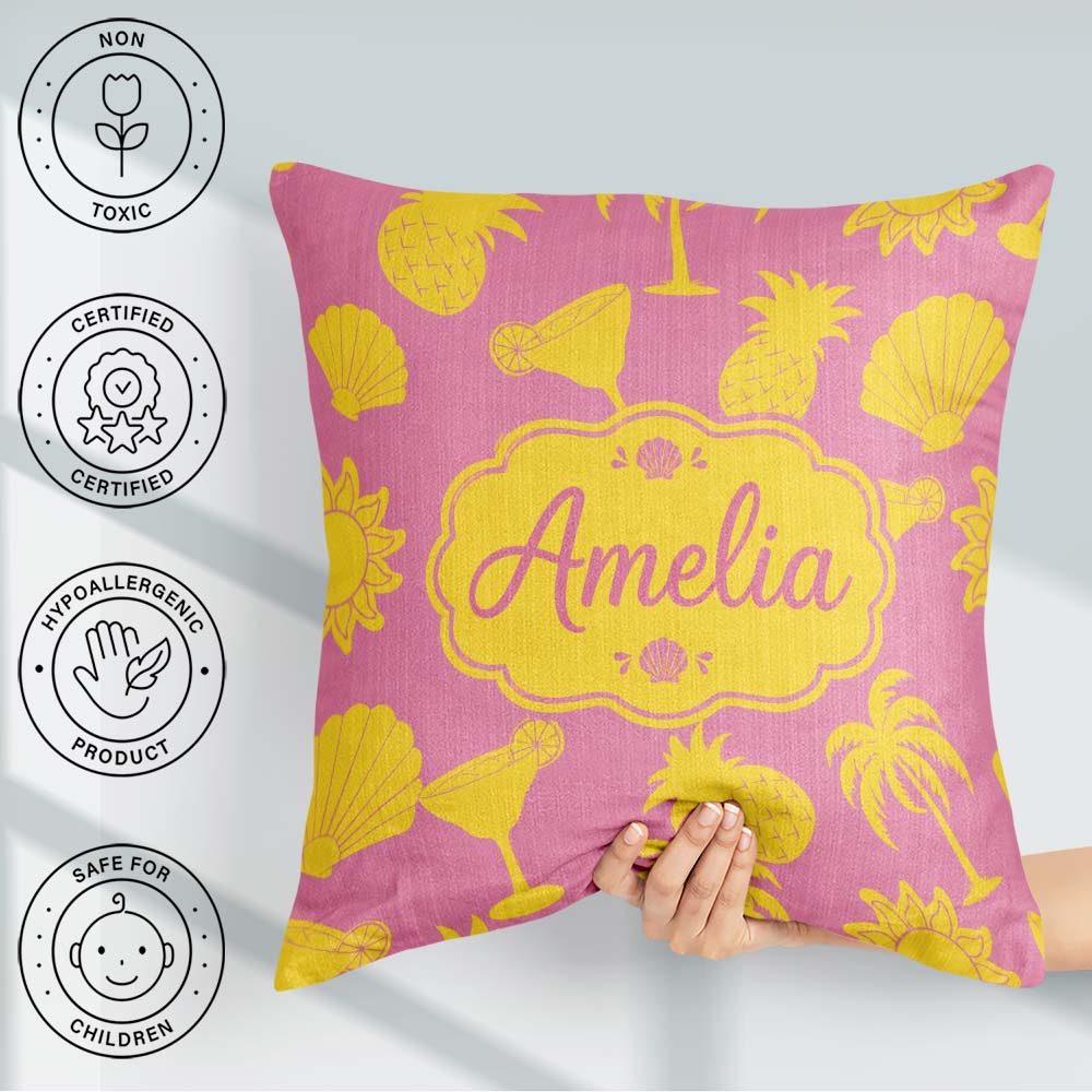 Custom Name Tropical Beach Pink Palm Pineapple Cocktail Seamless Square Filled Cushion Throw Pillow Sofa Bed Home Decor Zip Washable UK Made