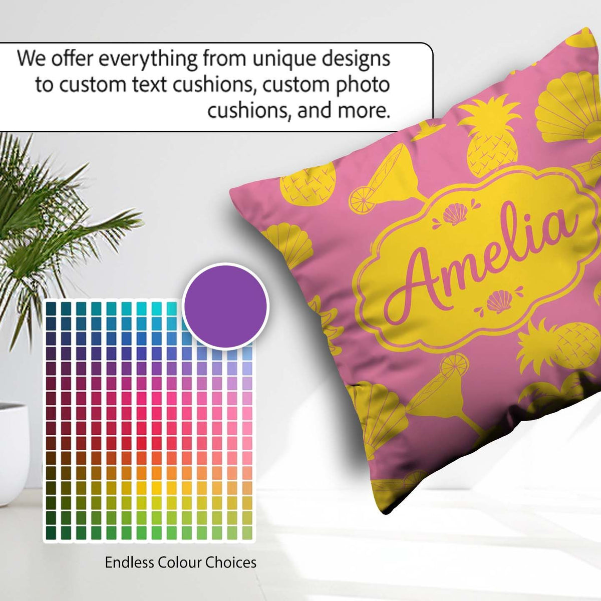 Custom Name Tropical Beach Pink Palm Pineapple Cocktail Seamless Square Filled Cushion Throw Pillow Sofa Bed Home Decor Zip Washable UK Made